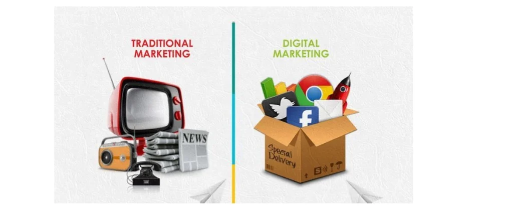 collage comparing traditional marketing methods like newspaper, billboards, and radio with digital marketing