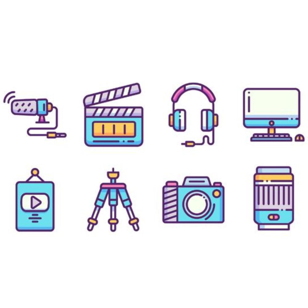 Set of colorful icons representing content creation tools, including a microphone, clapperboard, headphones, monitor, media badge, tripod, camera, and lens. Digital marketing freelancer in dubai.