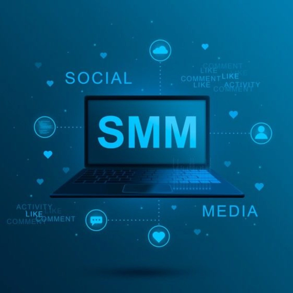 SMM icon with a glowing laptop displaying SMM text, surrounded by social media symbols like hearts, comments, and cloud icons, representing social media marketing activity. Digital marketing freelancer in dubai.